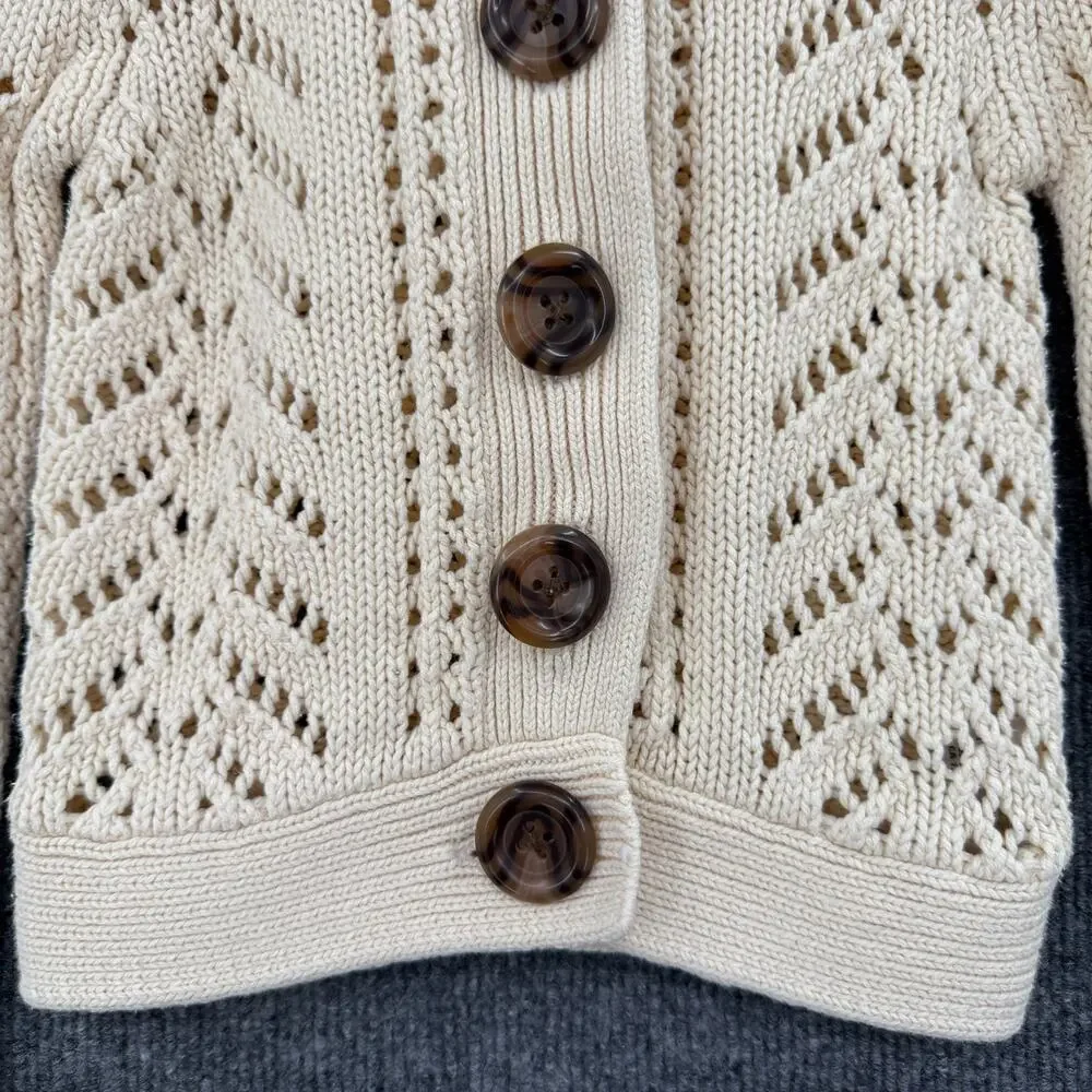 Vintage Old Navy Girls Chunky Open Knit Hooded Sweater Size S Cream Button Front